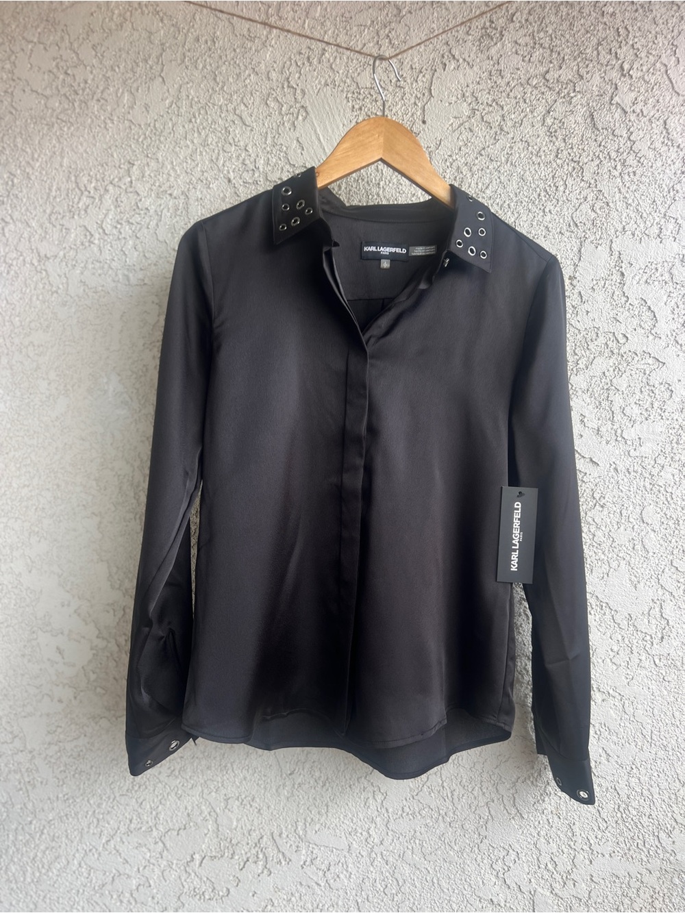 Karl Lagerfeld Black Button-Down Blouse with Grommet-Trim Collar